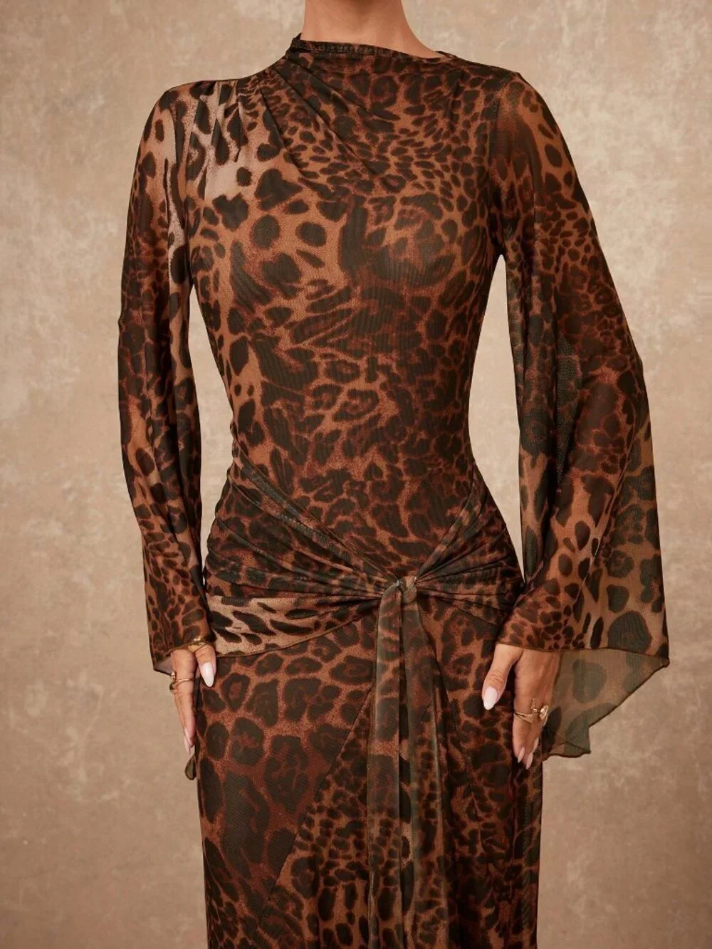 Coffee Brown Elegant Women's Leopard Print Oversized Sheer Tie-Up Maxi Dress - Picture 3 of 6